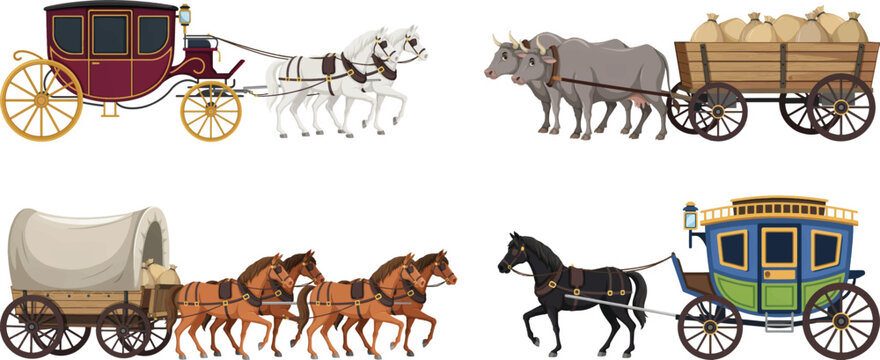 Set of vintage horse-drawn carriages and ox-pulled carts illustration with covered wagon old fashioned carriage transportation historical stagecoach