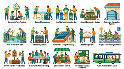 Fototapeta premium Flat Design Icons: Eco-Friendly Community Actions, Sustainable Living, Recycling, Green Initiatives