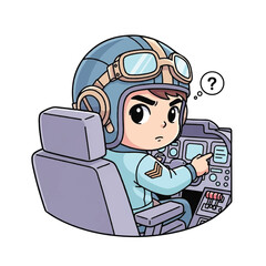 Cartoon pilot in cockpit seat.