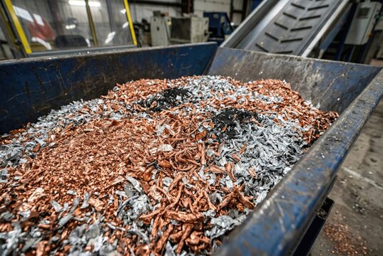 Shredded copper and aluminum granules in industrial battery recycling