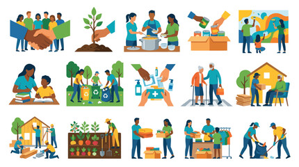 Fototapeta premium Flat Design Community Service, Volunteering, and Charity Illustrations - Social Responsibility and Helping Hands