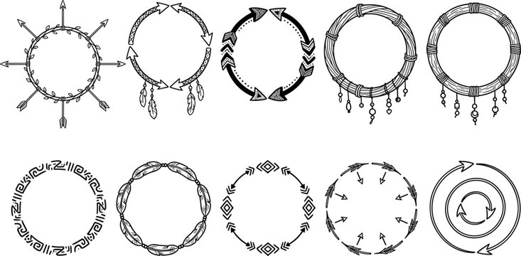 Hand drawn boho circular frames collection with tribal arrows, braided wreaths, dreamcatcher rings and decorative round border vector elements