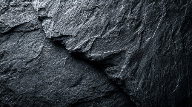 Detailed close-up showcasing the rough, textured surface of dark gray slate rock, a natural stone with unique geological formations