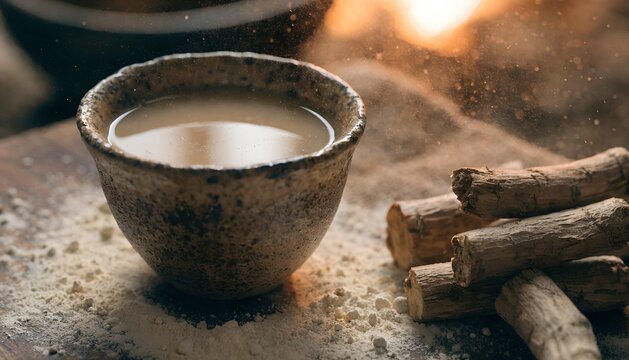 A stoneware cup of milky beige ashwagandha tea ashwagandha roots and a light dusting of powder resting beside it soft warm firelight glow tiny particles of powder drifting in the air 