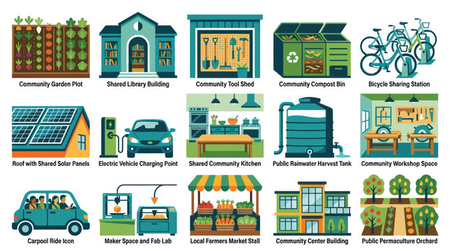 Flat Design Vector Icons for Sustainable Community and Shared Economy Initiatives