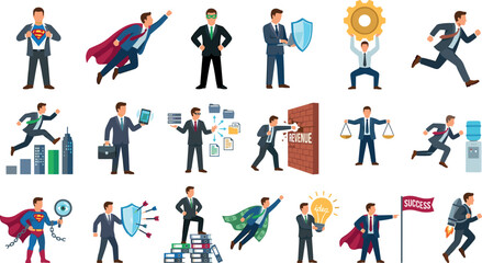 Business people character collection featuring superhero entrepreneur, leadership, teamwork, success, finance, career and office concepts flat vector illustration set © Shekhor studioBD
