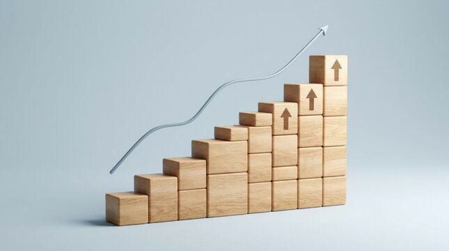 Wooden blocks arranged in a rising staircase pattern with upward pointing arrows on each step and a glowing line graph indicating growth trend