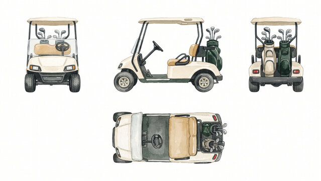 Golf Cart Vector Collection with Front Side Rear and Top Views Electric Utility Vehicle Illustration