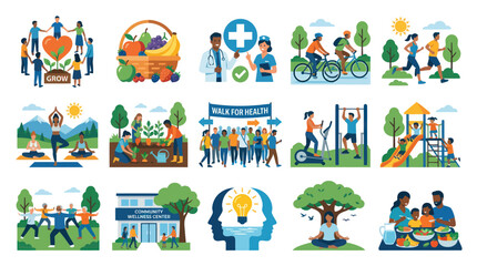 Fototapeta premium Health and Wellness Flat Vector Illustration Set: Community Wellbeing and Active Lifestyle Concepts