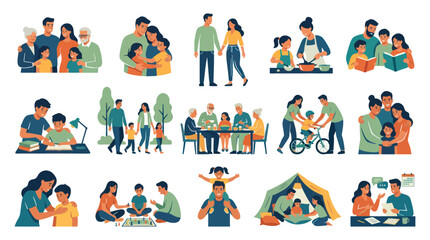 Fototapeta premium Family Life Flat Vector Illustrations of Happy Parents, Children, Grandparents Daily Activities Set
