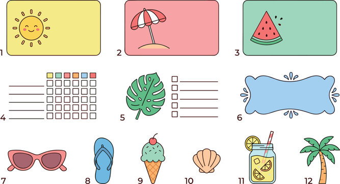 Summer vacation planner template collection with beach icons, tropical elements, checklists and colorful organizer cards hand drawn vector set