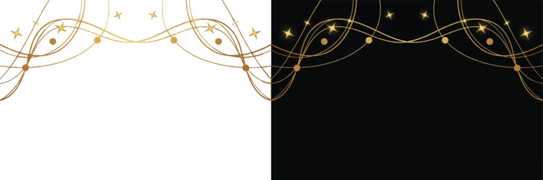 Golden decorative wave pattern border with stars and swirls on white and black backgrounds ornament decorative abstract illustration background decoration