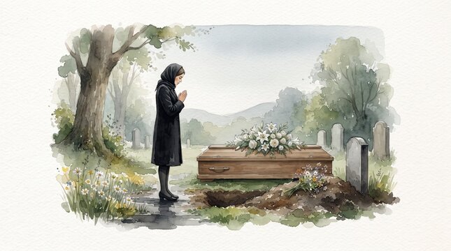 A grieving woman praying beside a coffin at a graveyard, perfect for memorial cards, funeral brochures, and condolence designs.
