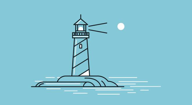 Minimalist lighthouse and sea line art illustration.