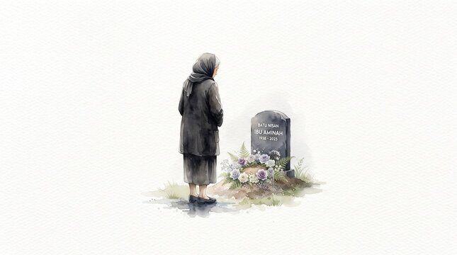 An elderly woman standing in grief by a gravestone, ideal for memorial cards, bereavement content, and editorial articles.