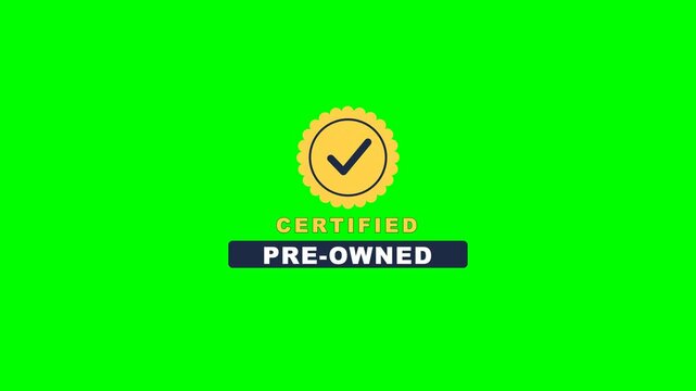 4K green screen CERTIFIED PRE-OWNED car dealership badge - a gold certified seal with a checkmark and a pre-owned banner, animated automotive dealer promo overlay for car sales and social media, 