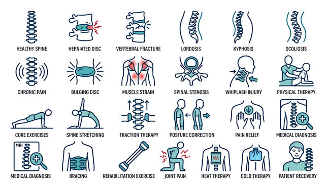 Spine Health and Rehabilitation Icons Set