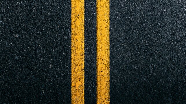 Detailed view of a black asphalt road surface with bright yellow double lines marking the center for safe vehicle travel