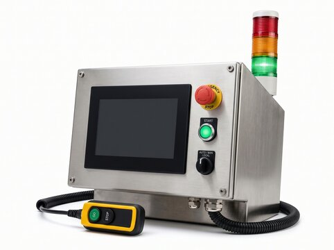 Industrial control panel with touch screen and emergency stop button. 