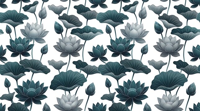 Elegant teal lotus flower and leaf seamless pattern on white background