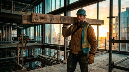 Fototapeta premium Rugged Construction Worker Bearing Heavy Timber in Modern Skyscraper Setting