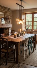 Fototapeta premium Rustic Dining Room With Edison Bulb Chandelier And Warm Ambiance