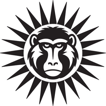 Black and white of a monkey face centered inside a sharp sunburst emblem on a clean white background