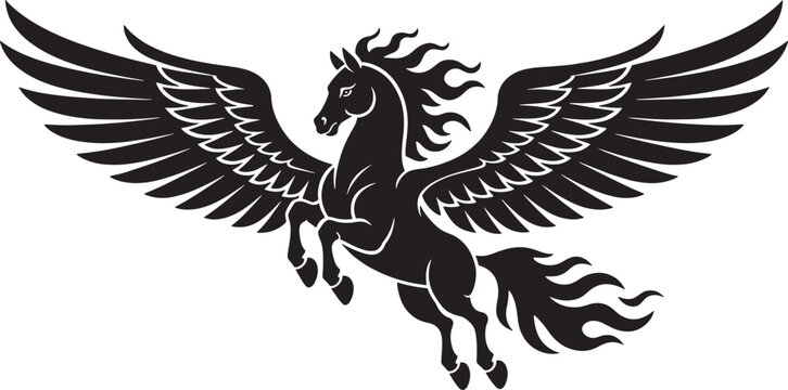 Black and white of a pegasus horse with large wings in flight on a clean white background, winged mythical