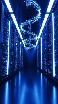 a high-tech data center corridor illuminated by blue neon lights featuring a dna double helix structure floating, symbolizing futuristic technology and digital innovation