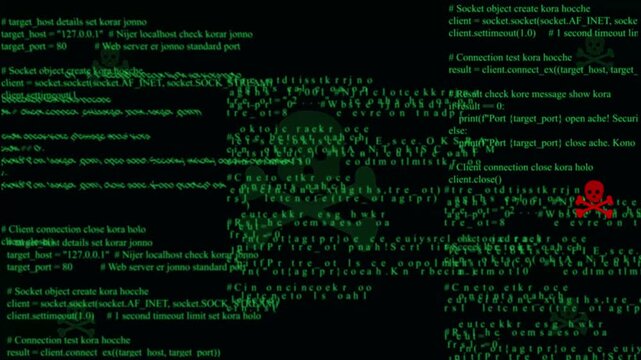 Cyber security threat visualization featuring green matrix programming code and ominous skull and crossbones representing digital hacking, malware attacks, and network system vulnerabilities