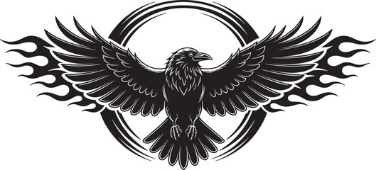 Fototapeta premium Detailed black and white of a raven with wings outstretched, centered within a circular frame with surrounding fire flames