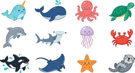 Cute Marine Animals Collection Vector Illustration Set with Whale, Dolphin, Shark, Turtle, Octopus, Jellyfish, Crab, Starfish, and Sea Otter © Anowara