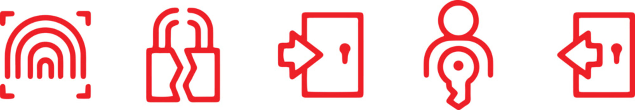 Red flat icons of fingerprint, lock, door, person, and arrow