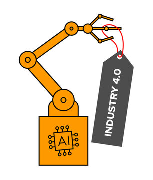 AI Robot Arm Holding Industry 4.0 Hang Tag Label, Industrial Automation Concept