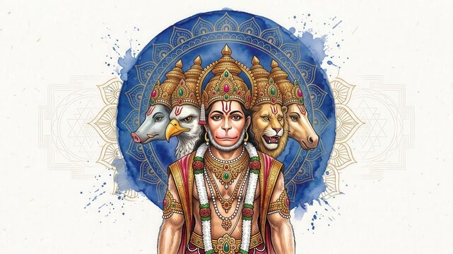 Royal Blue Panchmukhi Hanuman Devotional Artwork