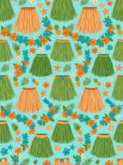 Seamless tropical pattern with hula skirts and hibiscus flowers