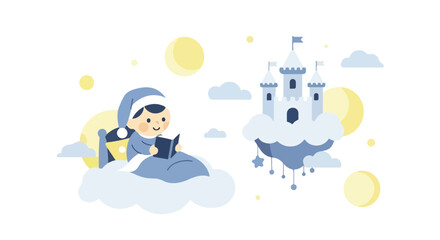 Naklejka premium A child in a nightcap sits in bed atop a fluffy cloud reading a book while a magical castle floats nearby amidst moons and soft blue clouds.