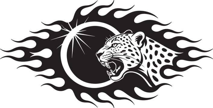 Stylized black and white of a roaring leopard head profile with a sunburst circle and flames on a white background