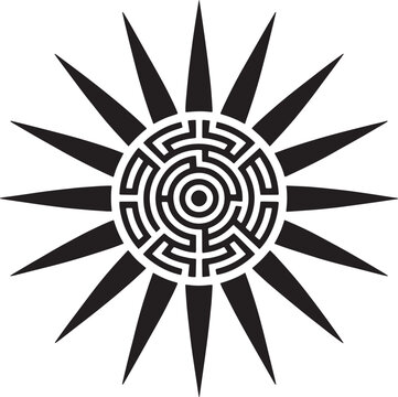 Stylized sun with a central complex maze circular pattern and long pointed rays, black and white on white background