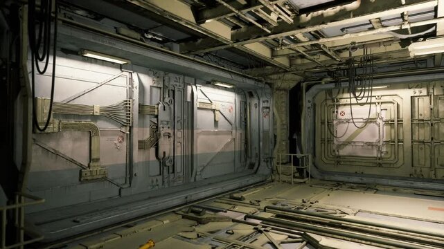 Sterile equipment room with coiled cable on floor, wallmounted panels, sealed hatches, indicator lights, tidy layout evoking storage or prep area for electrical