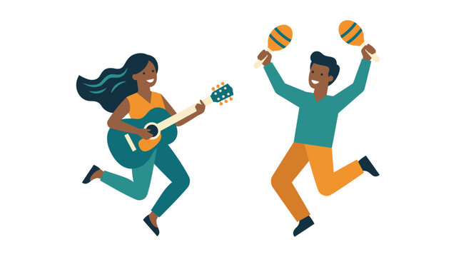 Colorful vector illustration of two musicians dancing and playing guitar and maracas.