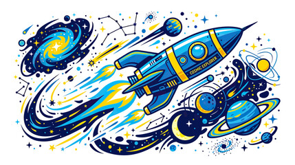 Blue rocket flying through colorful galaxy and stars © mila