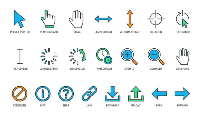 Collection of computer cursor and interface icons