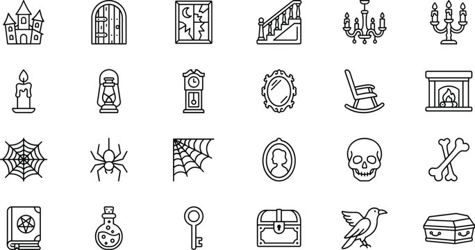 Adobe IllustraHaunted house icons set. Spooky mansion elements for Halloween design projects.tor Artwork
