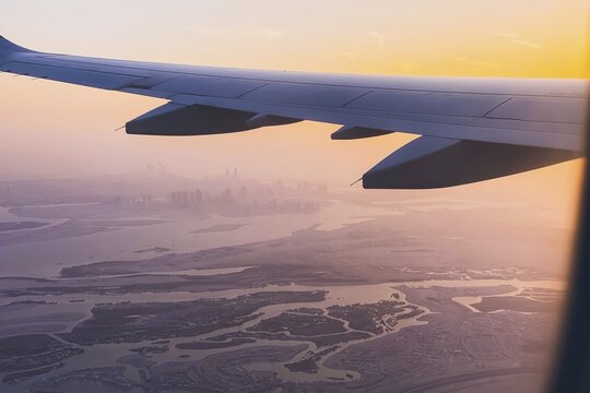 Passengers point of view window panorama of Abu Dhabi skyline and city with rivers and deserted landscape on sunset. Fly with low budget airlines holidays in UAE concept