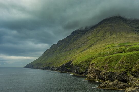 Huge fjord landscape in Vidoy, Faroe islands, Denmark