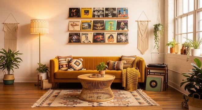 Retro Living Room Vibes With Vinyl Records Displayed On Wall Shelving