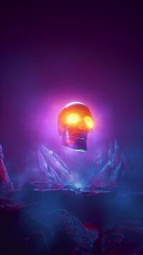 Floating Stylized Human Skull With Fiery Glowing Eyes Inside Foggy Cavern 3D Render