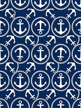 Nautical pattern with white anchors and ropes on navy background
