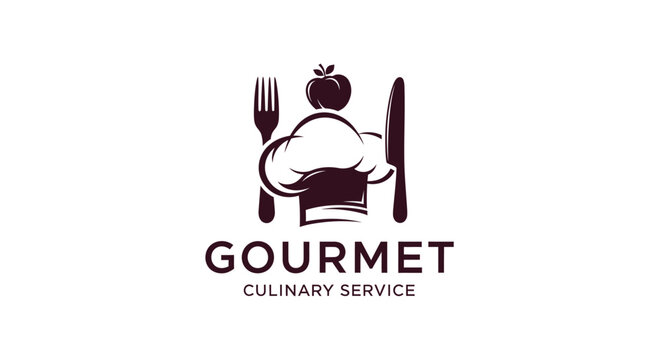 Gourmet culinary service logo with chef hat, apple, fork, knife